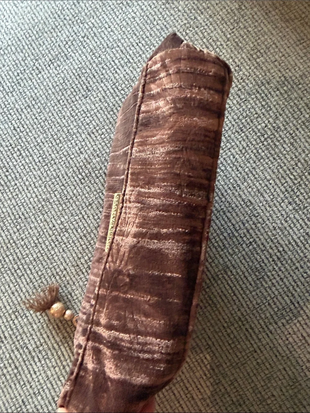 Vince Camuto Brown Velvet Textured Cosmetic Case Beaded Tassel Inside Zip Pocket